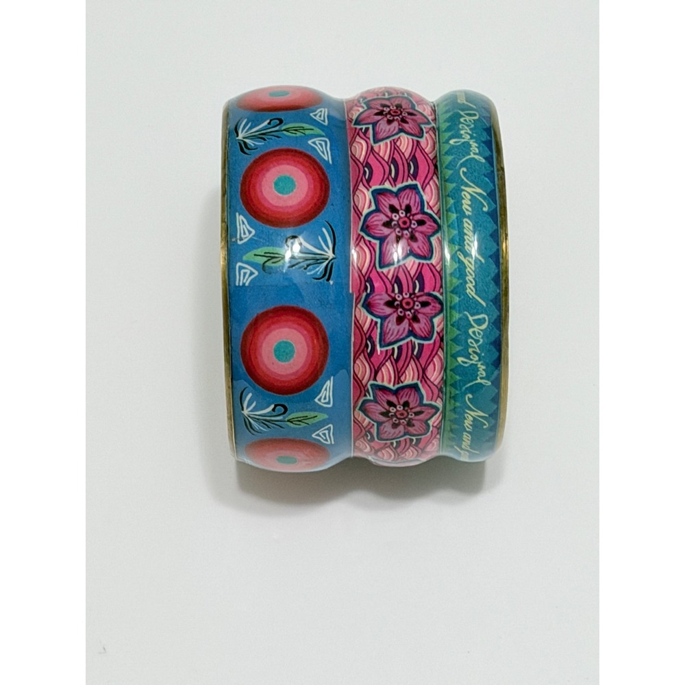 Desigual Enamel Bangle Bracelet Multi Color Floral Script Boho Wide Cuff